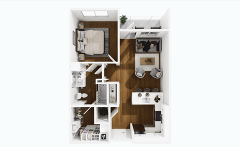 A top-down view of a small, neatly organized apartment with a bedroom, living room, and kitchen area.